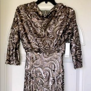 Badgley Mischka Taupe V-back Sequin Evening Gown